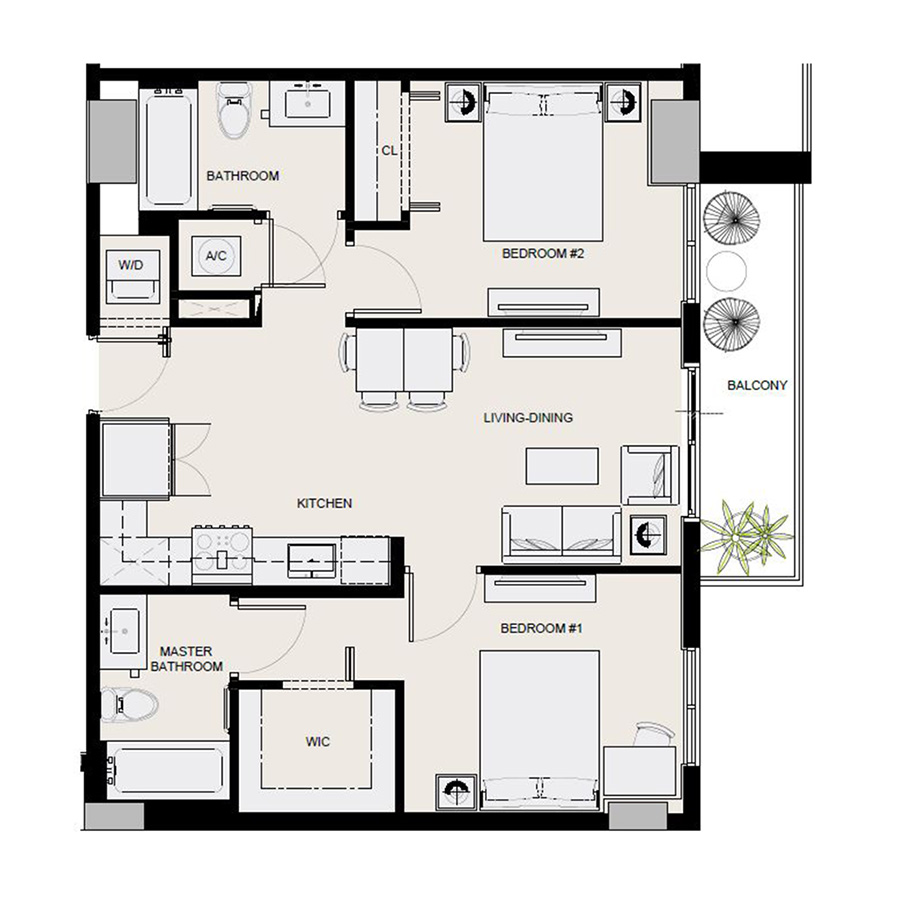 Rendering of the B2 floor plan with 2 bedroom[s] and 2 bathroom[s] at Arte Grand Central