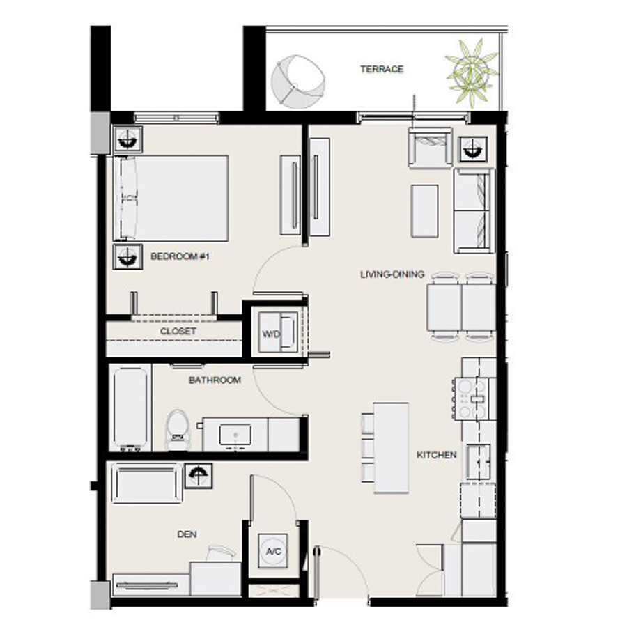 Rendering of the A14D floor plan with 1 bedroom[s] and 1 bathroom[s] at Arte Grand Central
