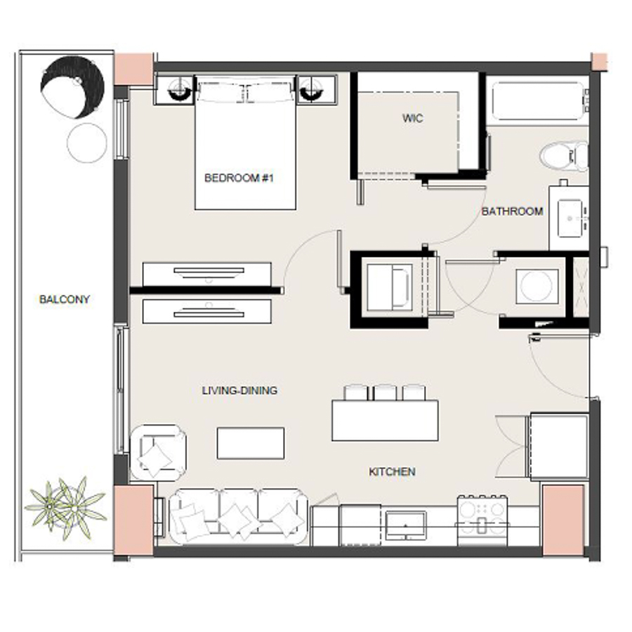 Rendering of the A7 floor plan with 1 bedroom[s] and 1 bathroom[s] at Arte Grand Central