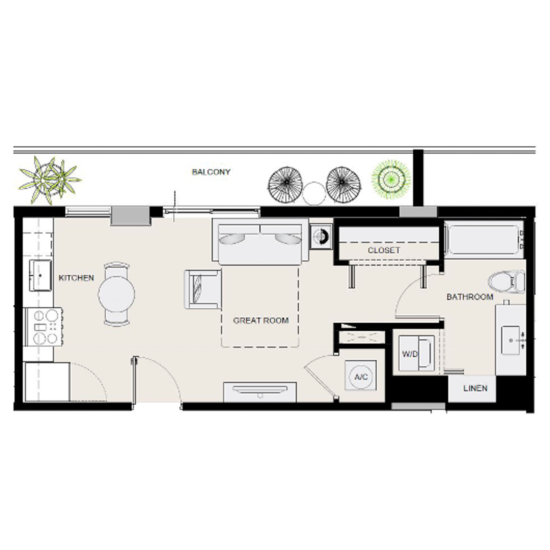 Rendering of the S9 floor plan with a Studio bedroom and 1 bathroom[s] at Arte Grand Central