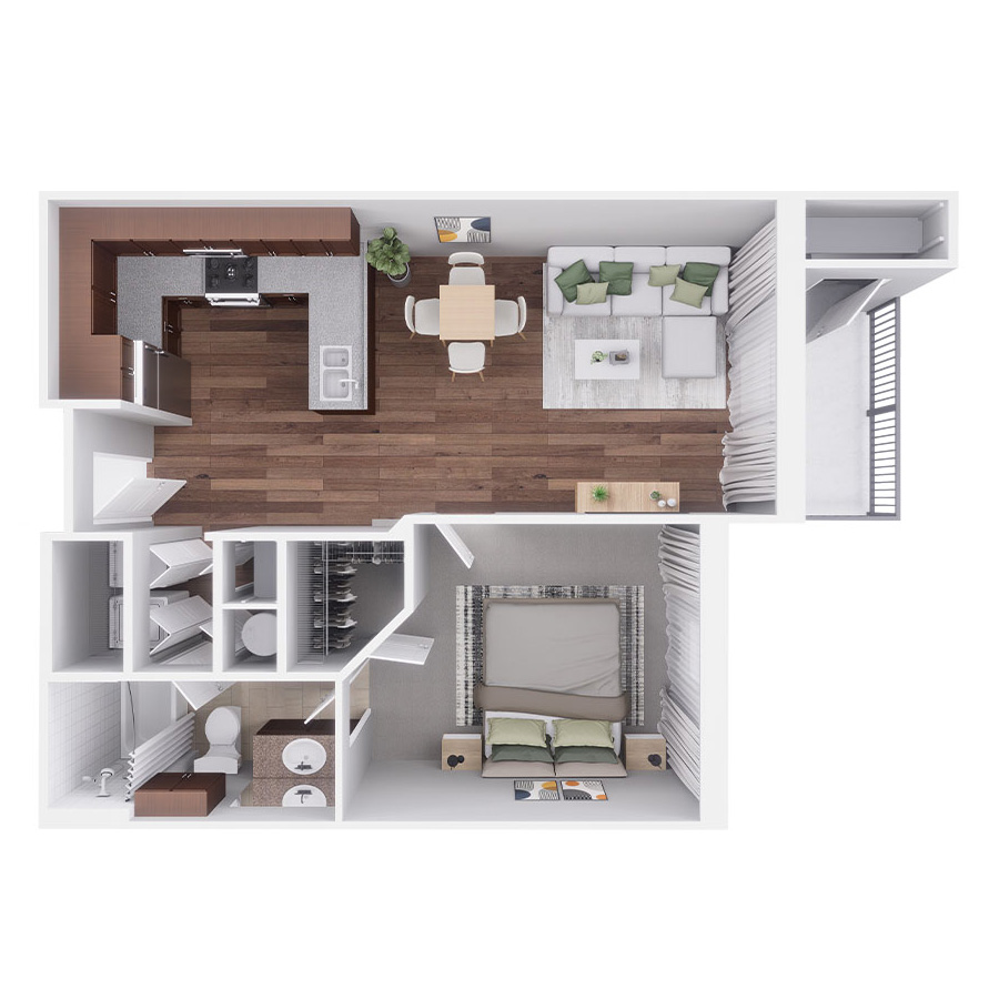Rendering of the C floor plan with 1 bedroom[s] and 1 bathroom[s] at Village at Mission Farms