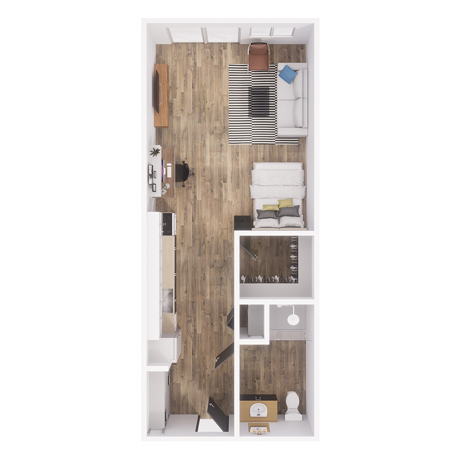 Rendering of the S0 Urban Studio floor plan with a Studio bedroom and 1 bathroom[s] at The Overland