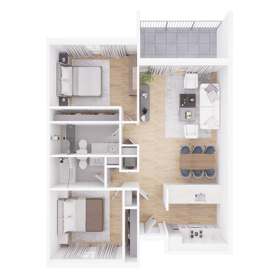 Rendering of the B2 floor plan with 2 bedroom[s] and 2 bathroom[s] at Tempe Vista