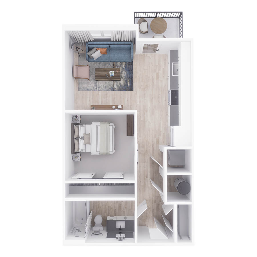 Rendering of the S1 floor plan with a Studio bedroom and 1 bathroom[s] at Arte St. Petersburg