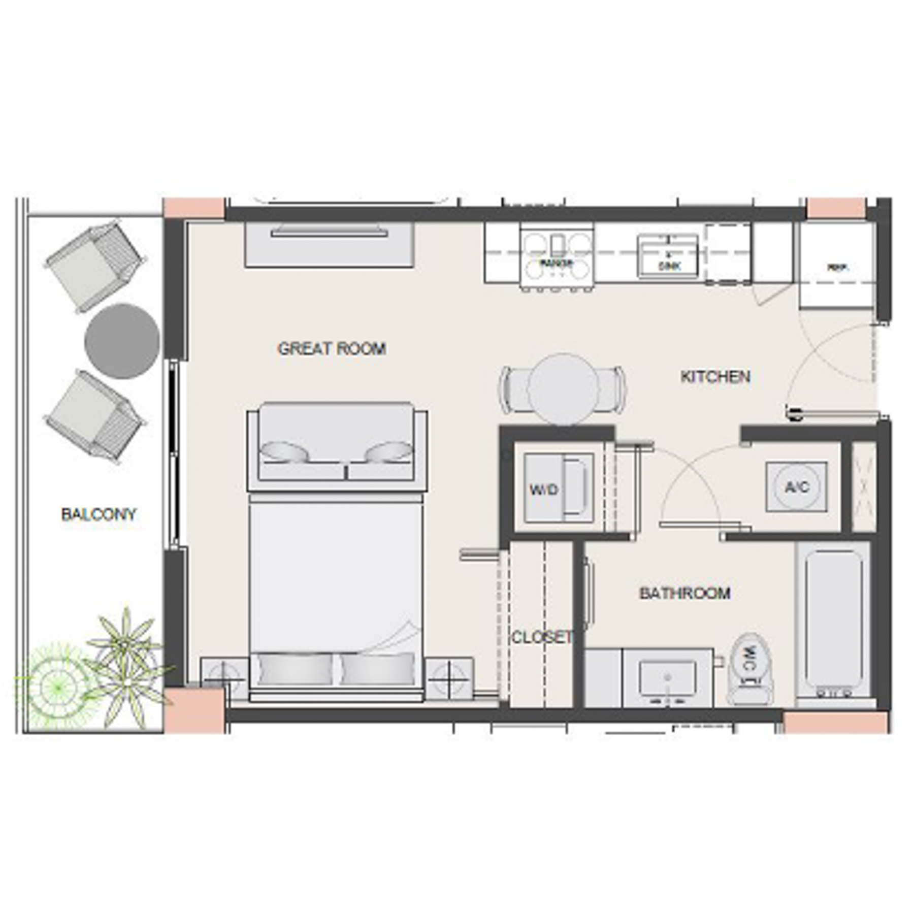 Rendering of the S1 - Affordable floor plan with a Studio bedroom and 1 bathroom[s] at Arte Grand Central