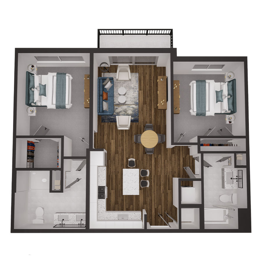 Rendering of the 2A floor plan with 2 bedroom[s] and 2 bathroom[s] at 500 Ocean