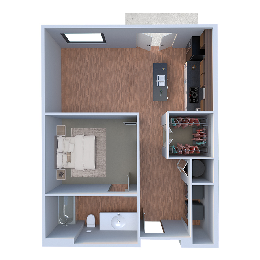 Rendering of the A Quattro floor plan with 1 bedroom[s] and 1 bathroom[s] at Forum Fitzsimons