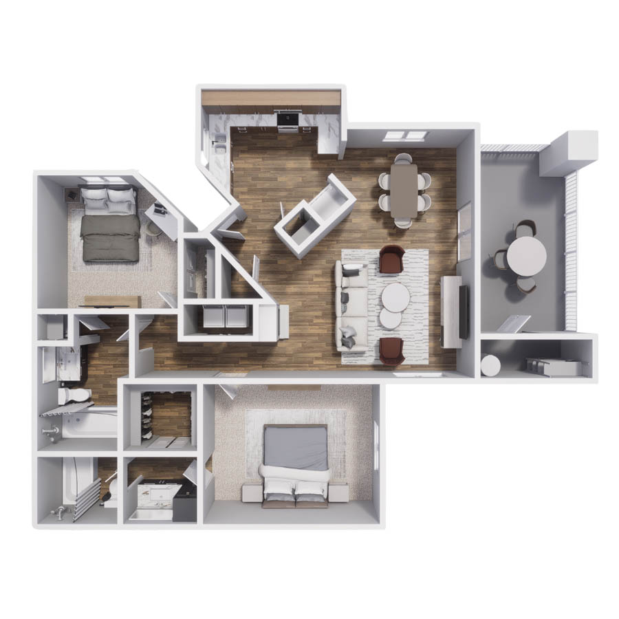Rendering of the 2B floor plan with 2 bedroom[s] and 2 bathroom[s] at Pavilions at Arrowhead