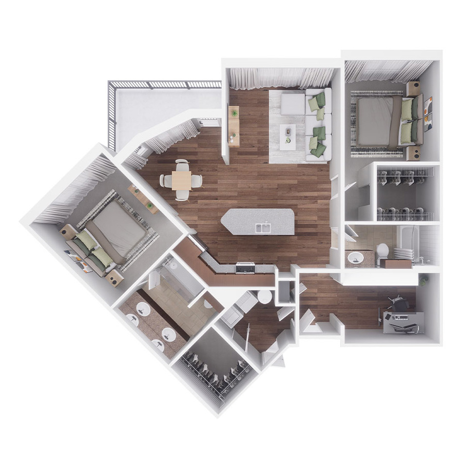Rendering of the H - 2 Bed with Study floor plan with 2 bedroom[s] and 2 bathroom[s] at Village at Mission Farms