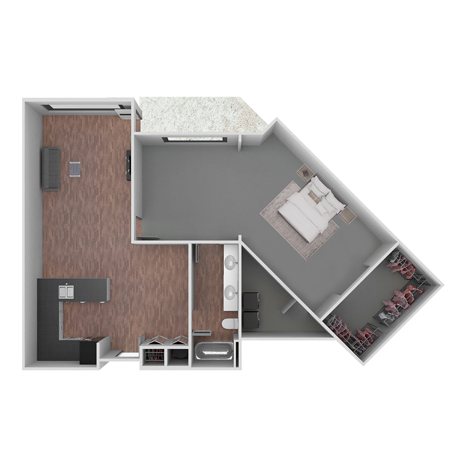 Rendering of the B4 with Den floor plan with 1 bedroom[s] and 1 bathroom[s] at Prairie View at Village West