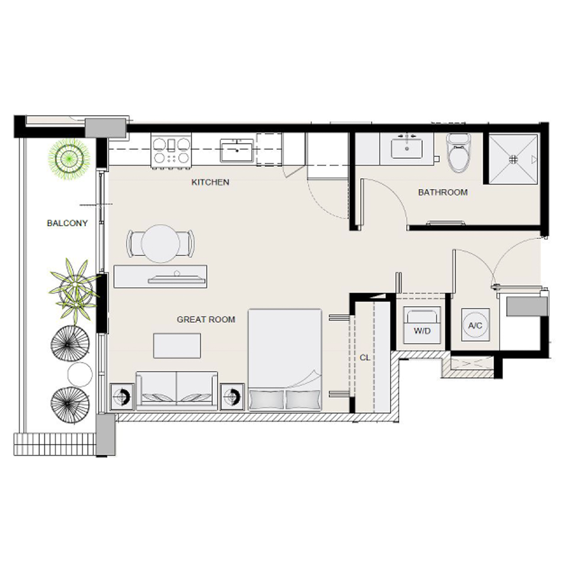 Rendering of the S12 floor plan with a Studio bedroom and 1 bathroom[s] at Arte Grand Central