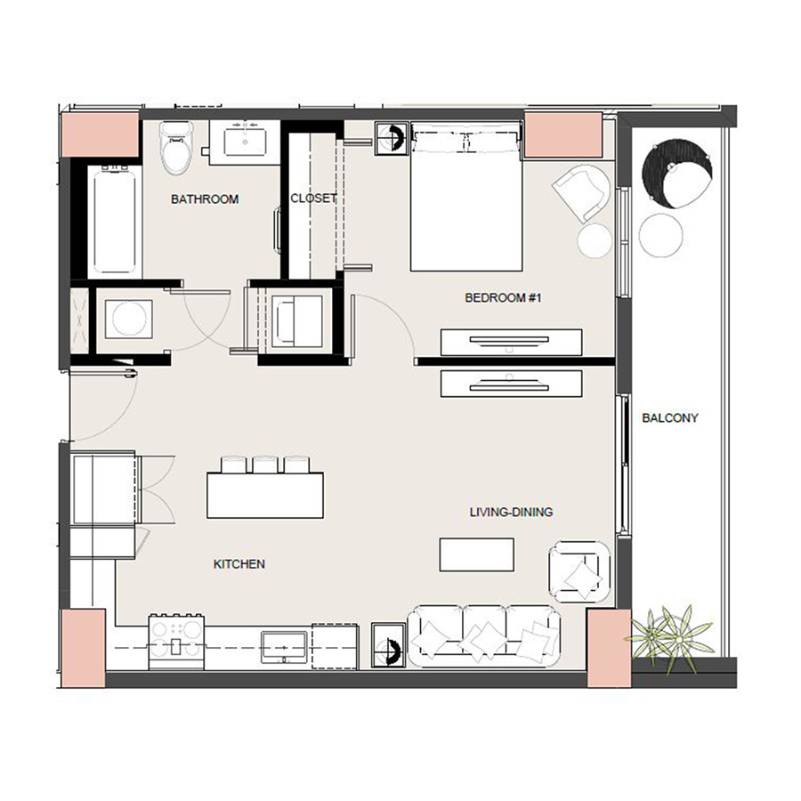 Rendering of the A10 - Affordable floor plan with 1 bedroom[s] and 1 bathroom[s] at Arte Grand Central