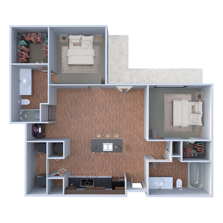 Rendering of the B Quattro floor plan with 2 bedroom[s] and 2 bathroom[s] at Forum Fitzsimons