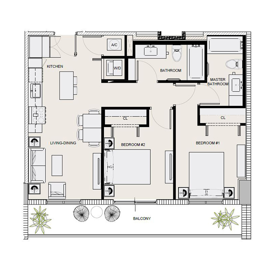 Rendering of the B1 floor plan with 2 bedroom[s] and 2 bathroom[s] at Arte Grand Central