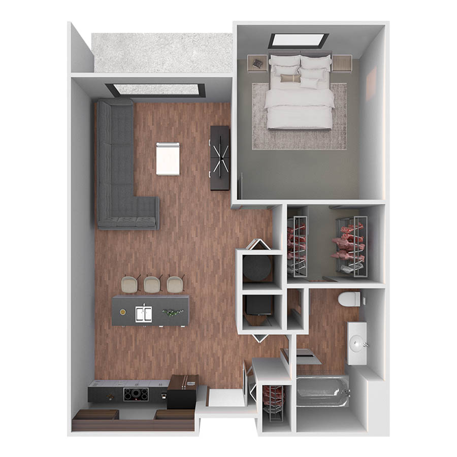 Rendering of the Flatirons floor plan with 1 bedroom[s] and 1 bathroom[s] at Centre Court