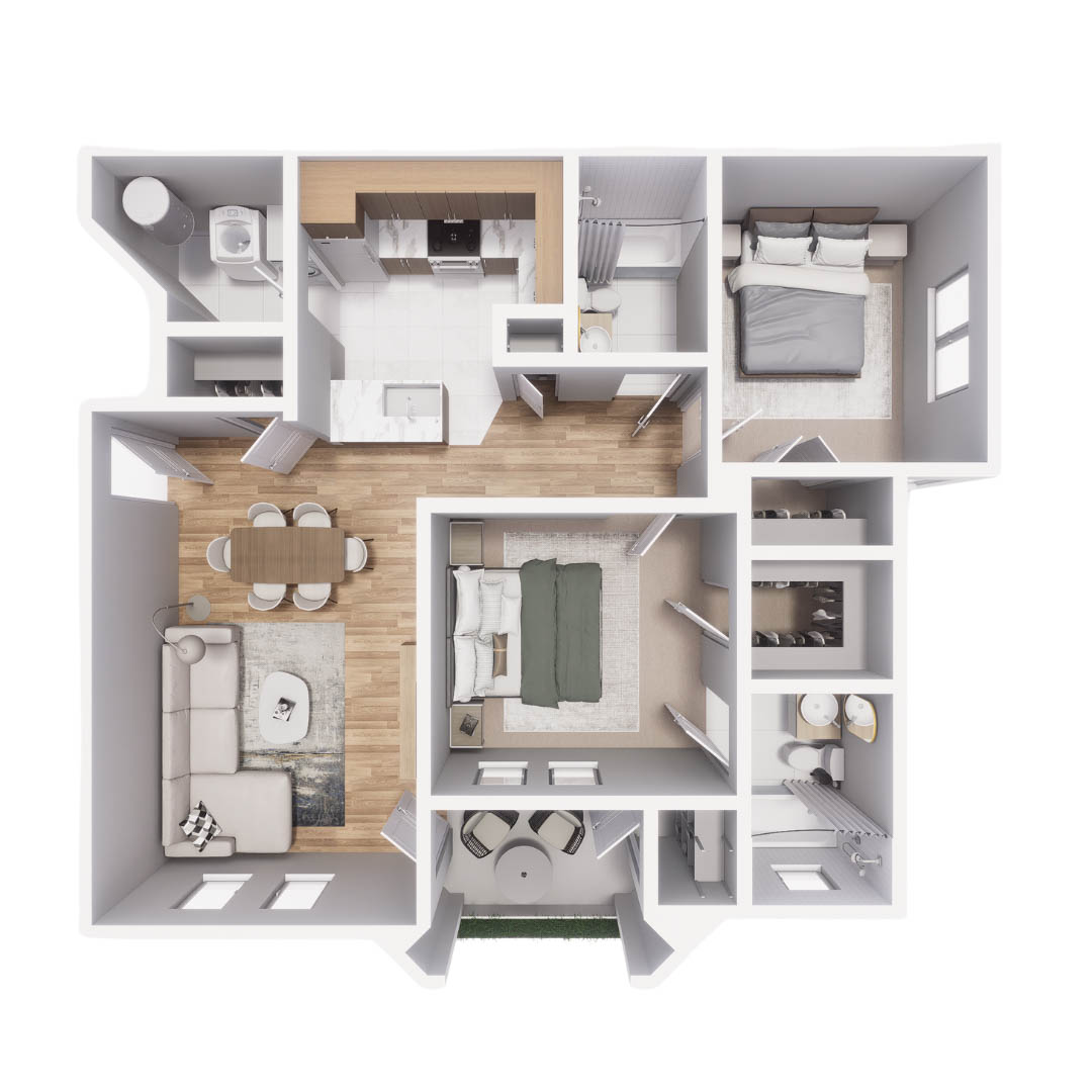 Rendering of the B1 floor plan with 2 bedroom[s] and 2 bathroom[s] at Mandarina