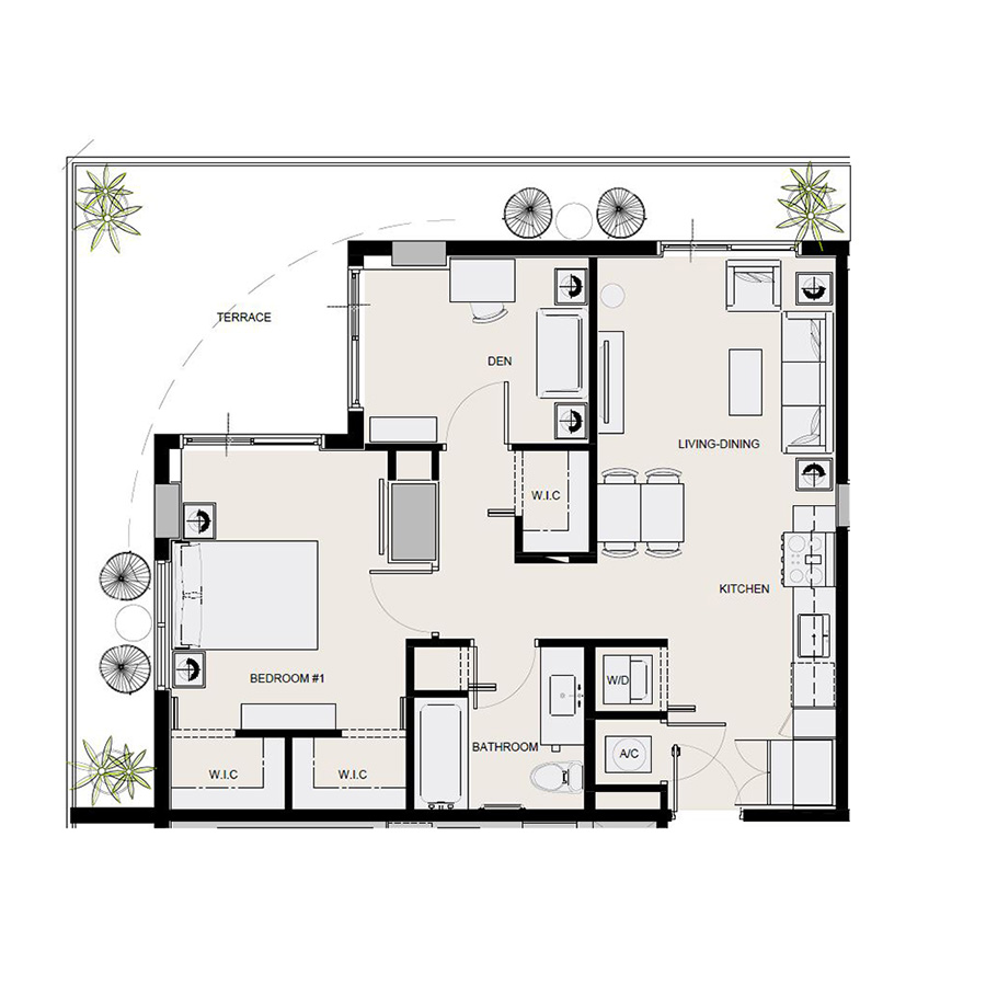 Rendering of the BA3 floor plan with 1 bedroom[s] and 1 bathroom[s] at Arte Grand Central