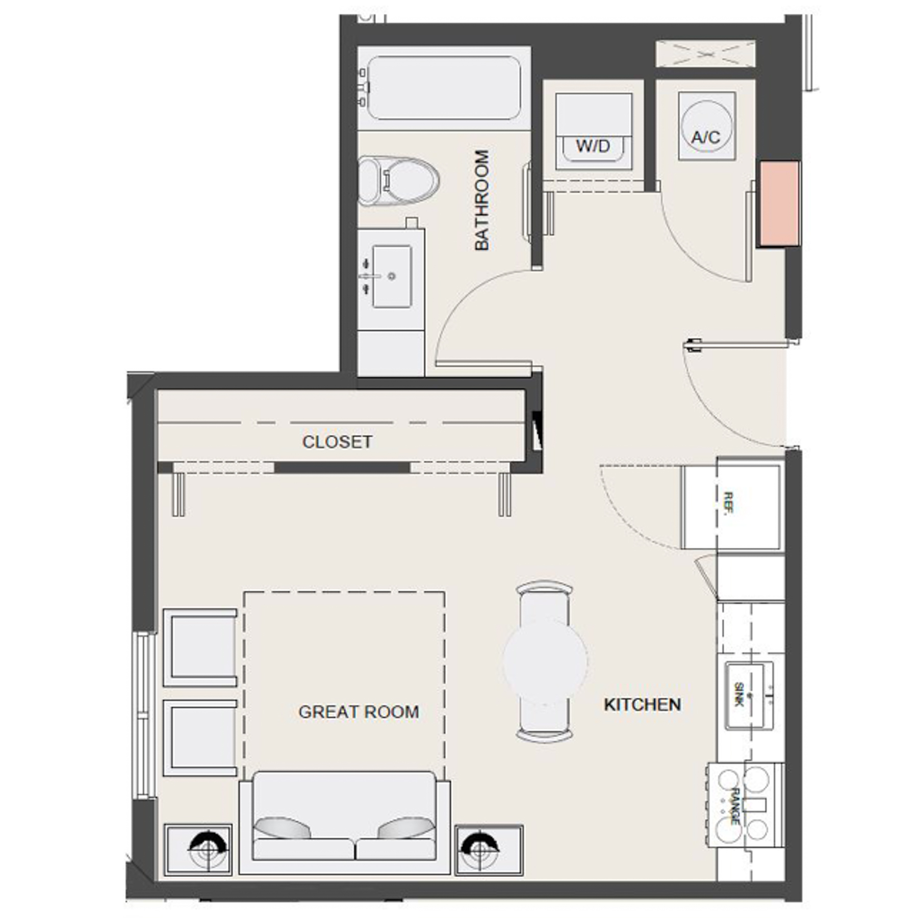 Rendering of the S7 floor plan with a Studio bedroom and 1 bathroom[s] at Arte Grand Central