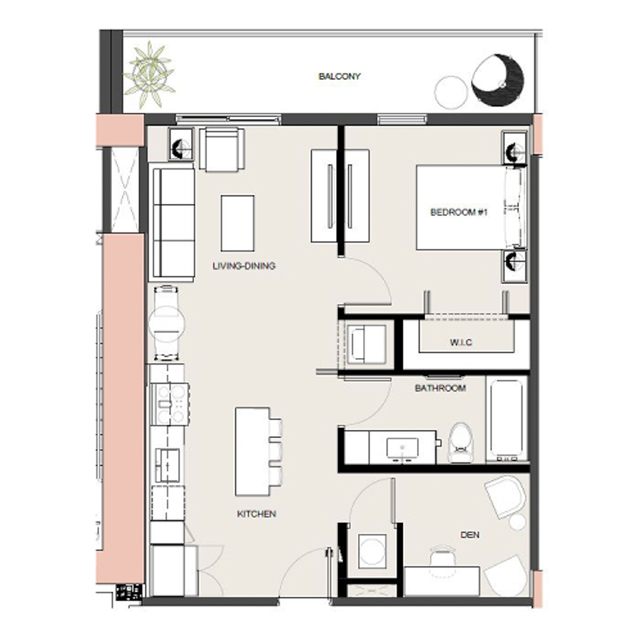 Rendering of the A17D floor plan with 1 bedroom[s] and 1 bathroom[s] at Arte Grand Central