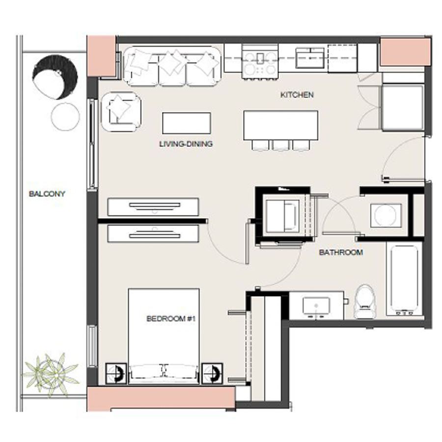 Rendering of the A4 floor plan with 1 bedroom[s] and 1 bathroom[s] at Arte Grand Central