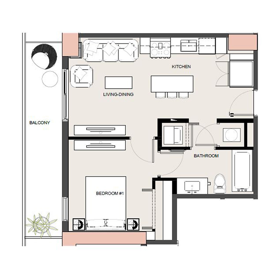 Rendering of the A4 - Affordable floor plan with 1 bedroom[s] and 1 bathroom[s] at Arte Grand Central