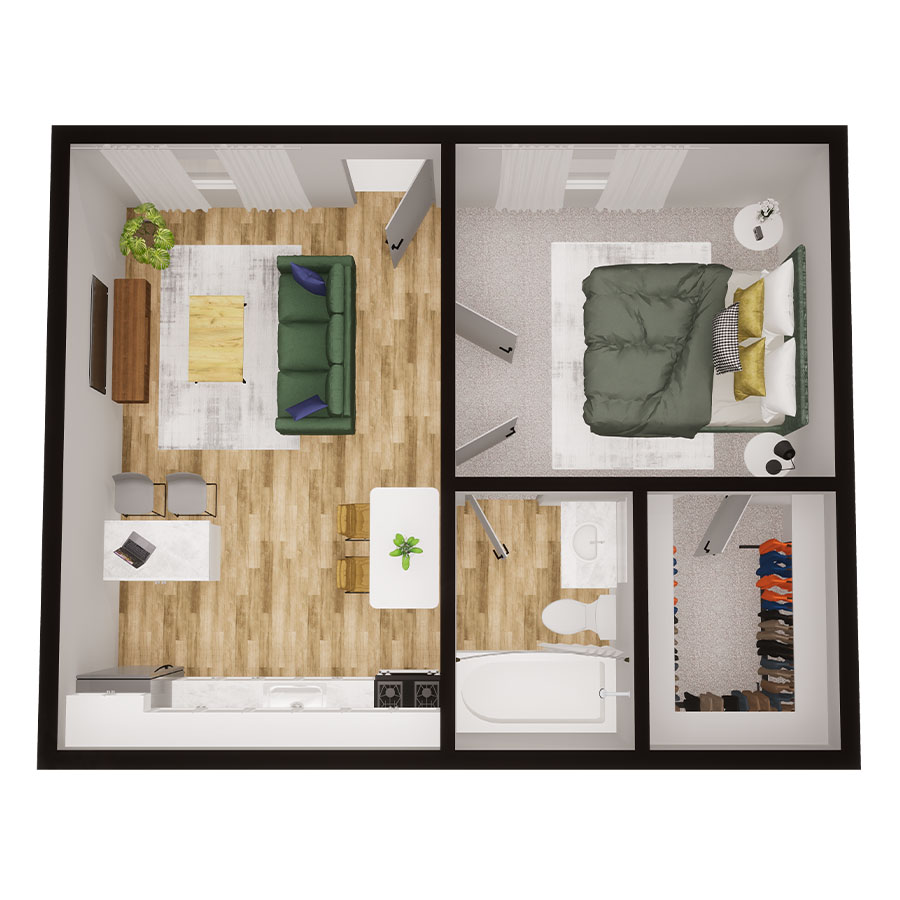 Rendering of the One Bedroom floor plan with 1 bedroom[s] and 1 bathroom[s] at Overlook at Sunset Point