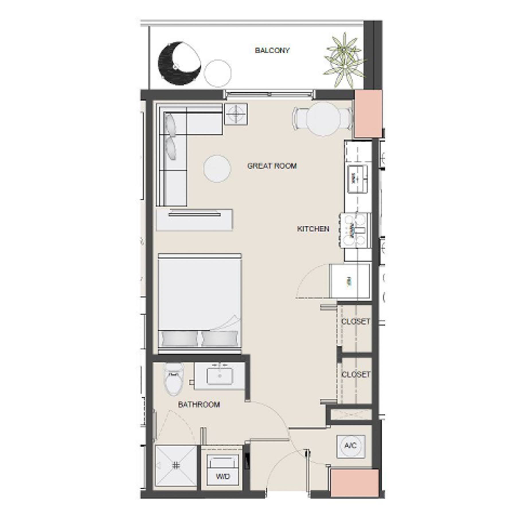 Rendering of the S14 floor plan with a Studio bedroom and 1 bathroom[s] at Arte Grand Central