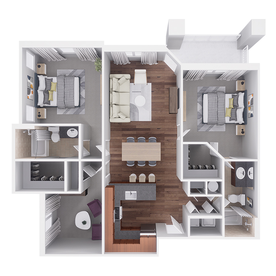Rendering of the D1 - 2 Bed with Den floor plan with 2 bedroom[s] and 2 bathroom[s] at Highlands Lodge