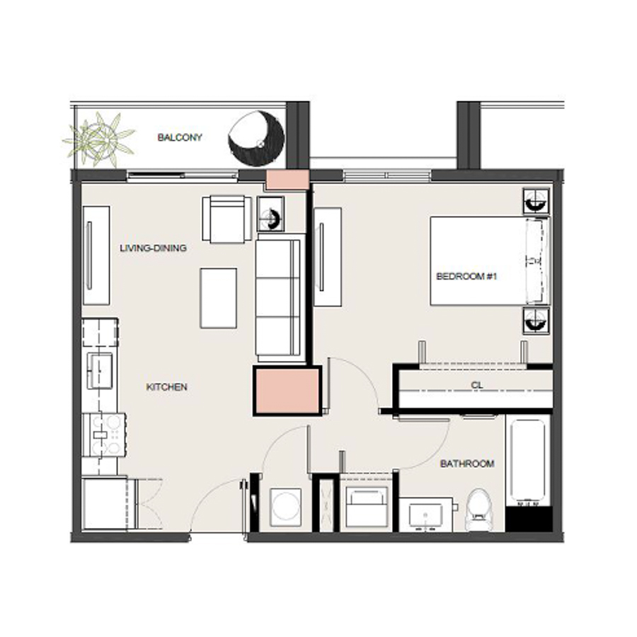 Rendering of the A5 floor plan with 1 bedroom[s] and 1 bathroom[s] at Arte Grand Central