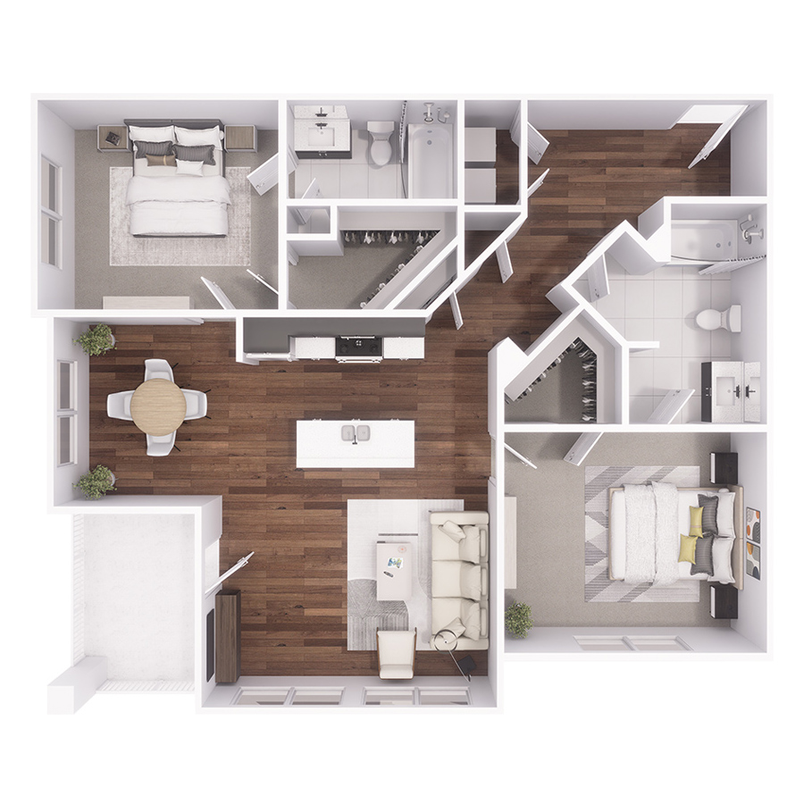 Rendering of the B3 floor plan with 2 bedroom[s] and 2 bathroom[s] at Residence at Old Hickory Lake
