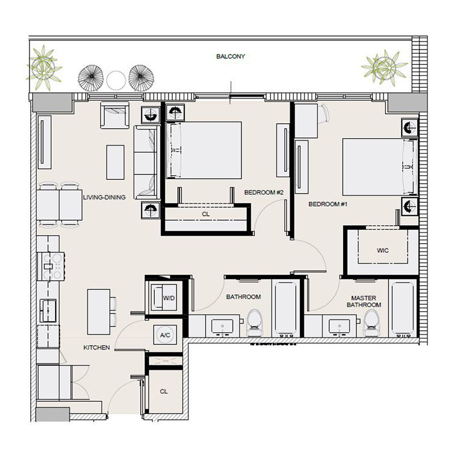 Rendering of the B5 floor plan with 2 bedroom[s] and 2 bathroom[s] at Arte Grand Central