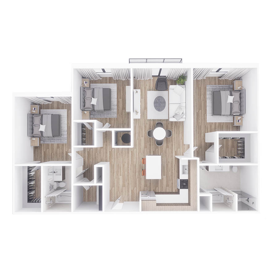 Rendering of the C2W floor plan with 3 bedroom[s] and 3 bathroom[s] at Sanctuary Doral
