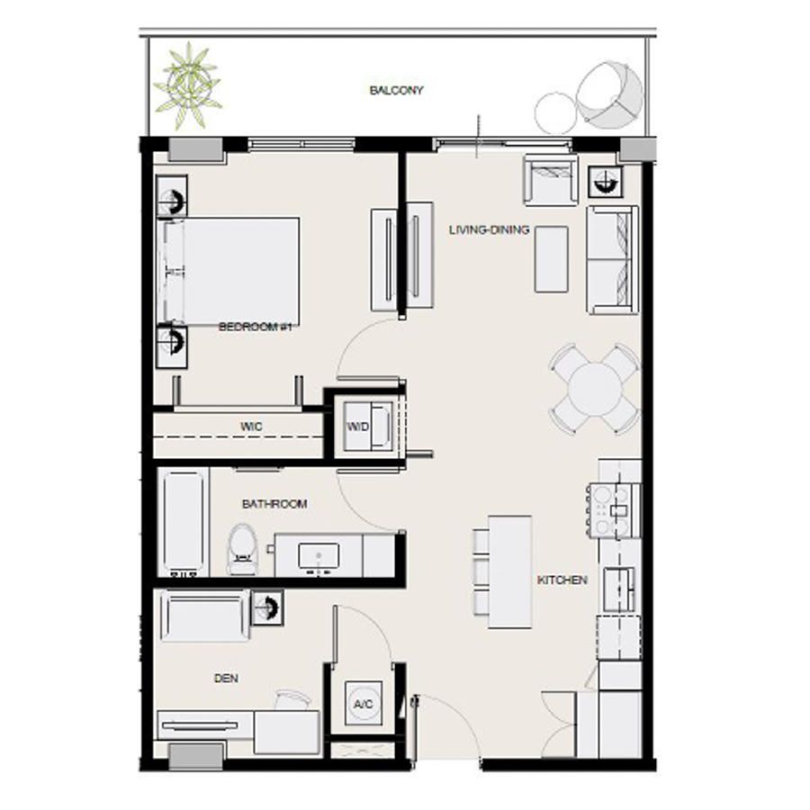 Rendering of the A16D floor plan with 1 bedroom[s] and 1 bathroom[s] at Arte Grand Central