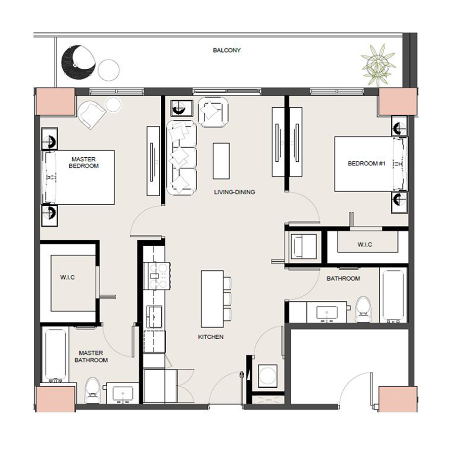 Rendering of the B8 floor plan with 2 bedroom[s] and 2 bathroom[s] at Arte Grand Central