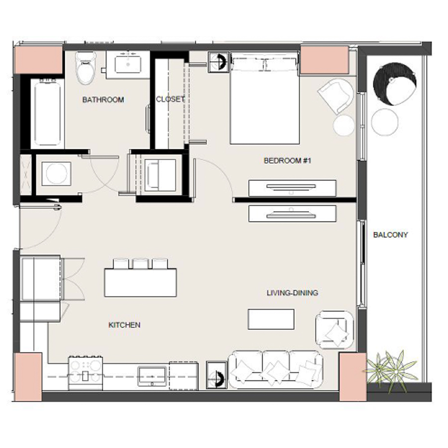 Rendering of the A10 floor plan with 1 bedroom[s] and 1 bathroom[s] at Arte Grand Central