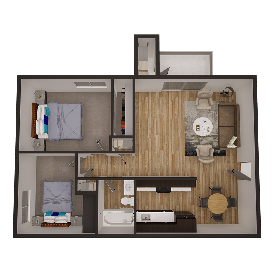 Rendering of the 2x1 816 sqft - Upgraded floor plan with 2 bedroom[s] and 1 bathroom[s] at Latitude