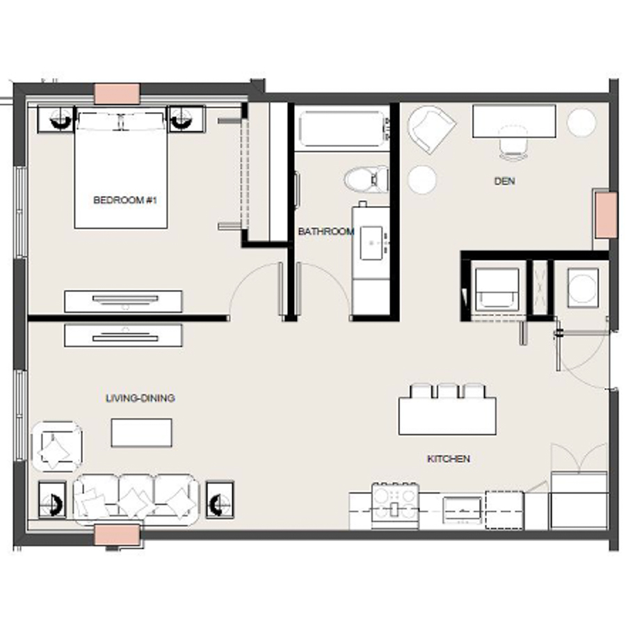 Rendering of the A18D floor plan with 1 bedroom[s] and 1 bathroom[s] at Arte Grand Central