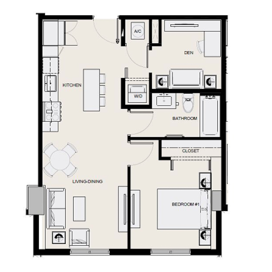Rendering of the A15D floor plan with 1 bedroom[s] and 1 bathroom[s] at Arte Grand Central