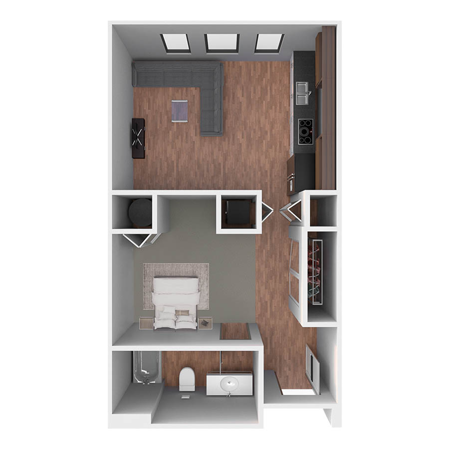 Rendering of the Baseline floor plan with a Studio bedroom and 1 bathroom[s] at Centre Court