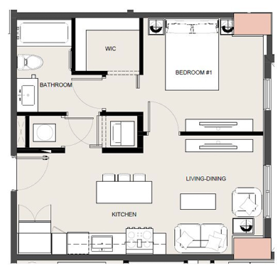 Rendering of the A2 floor plan with 1 bedroom[s] and 1 bathroom[s] at Arte Grand Central