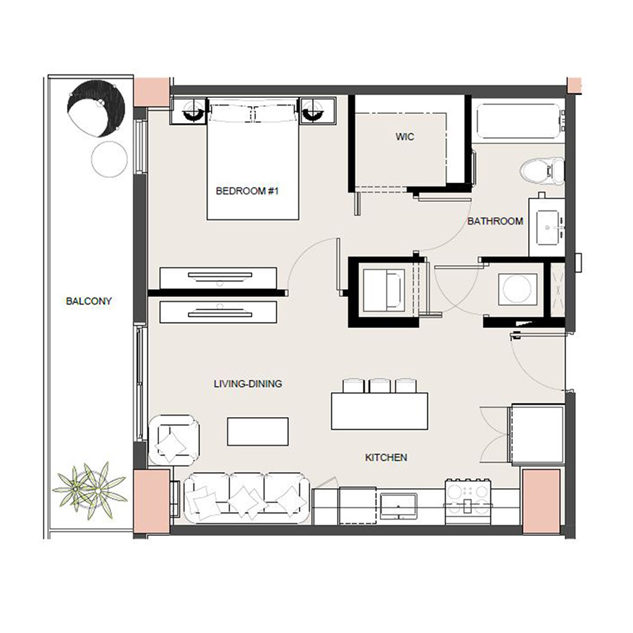 Rendering of the A7 - Affordable floor plan with 1 bedroom[s] and 1 bathroom[s] at Arte Grand Central