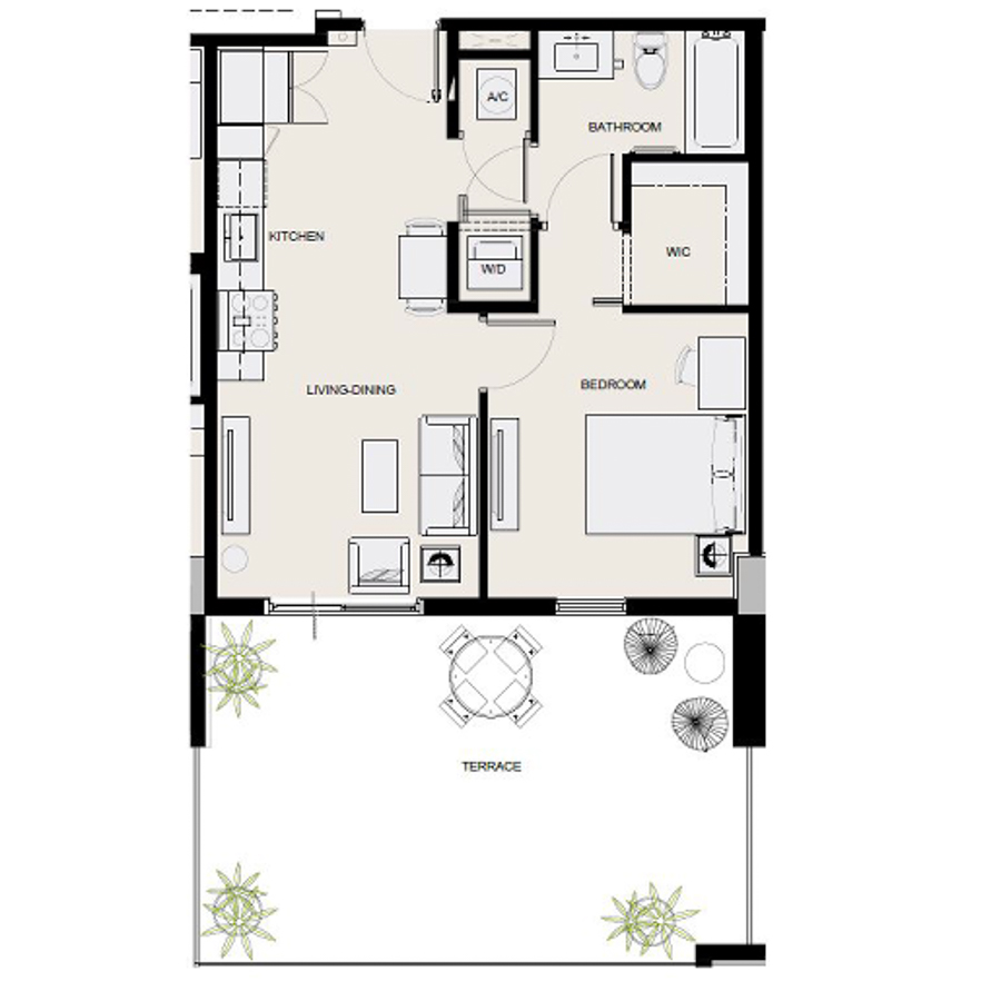 Rendering of the A3 floor plan with 1 bedroom[s] and 1 bathroom[s] at Arte Grand Central