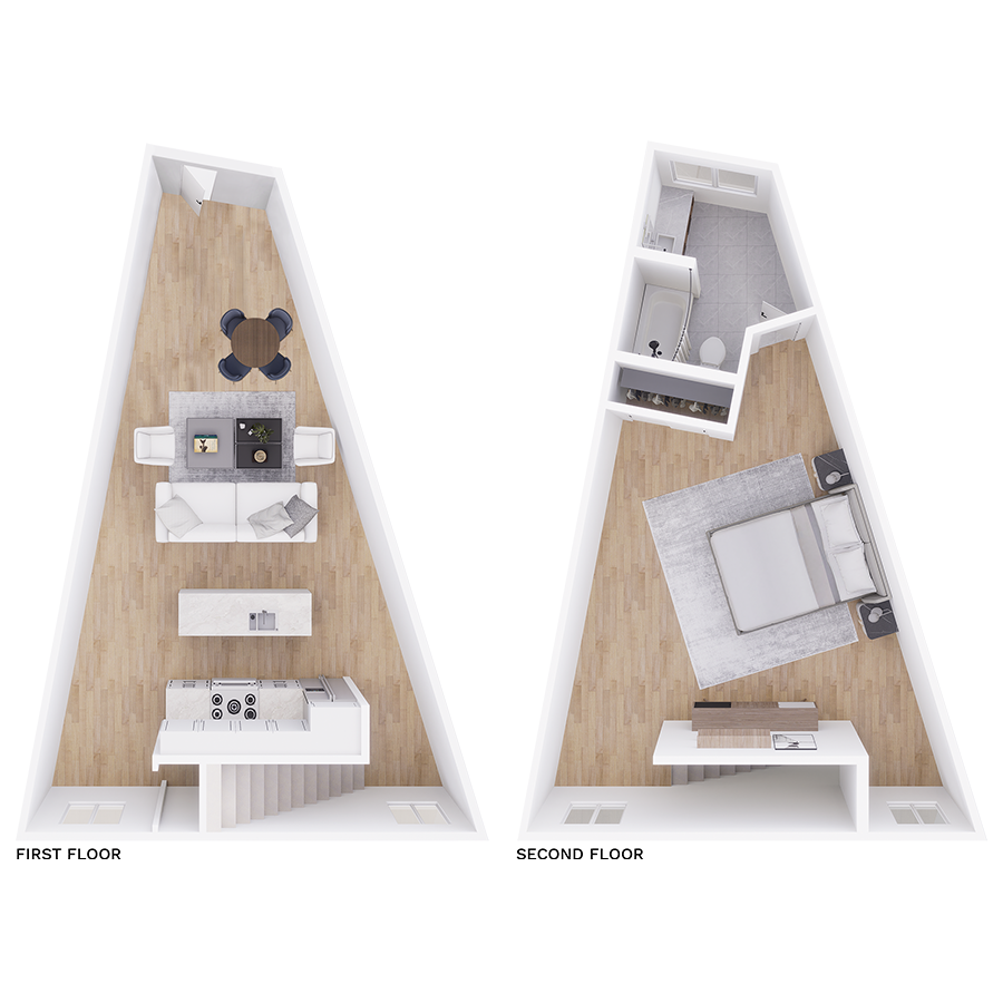 Rendering of the T1 floor plan with 1 bedroom[s] and 1 bathroom[s] at Tempe Vista