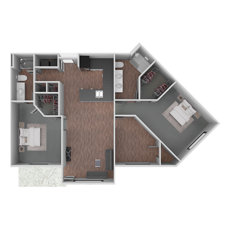 Rendering of the D2 with Den floor plan with 2 bedroom[s] and 2 bathroom[s] at Prairie View at Village West