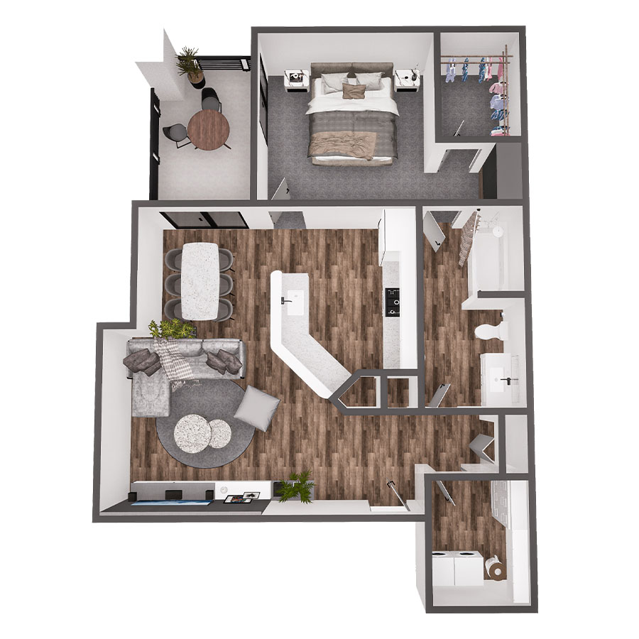 Rendering of the 1 Bed 1 Bath floor plan with 1 bedroom[s] and 1 bathroom[s] at The Villas at Mountain Vista Ranch