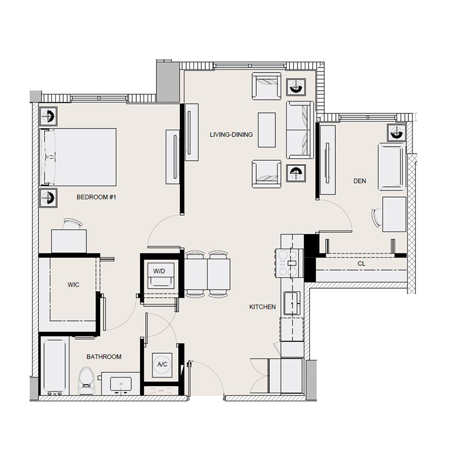 Rendering of the BA4 floor plan with 1 bedroom[s] and 1 bathroom[s] at Arte Grand Central