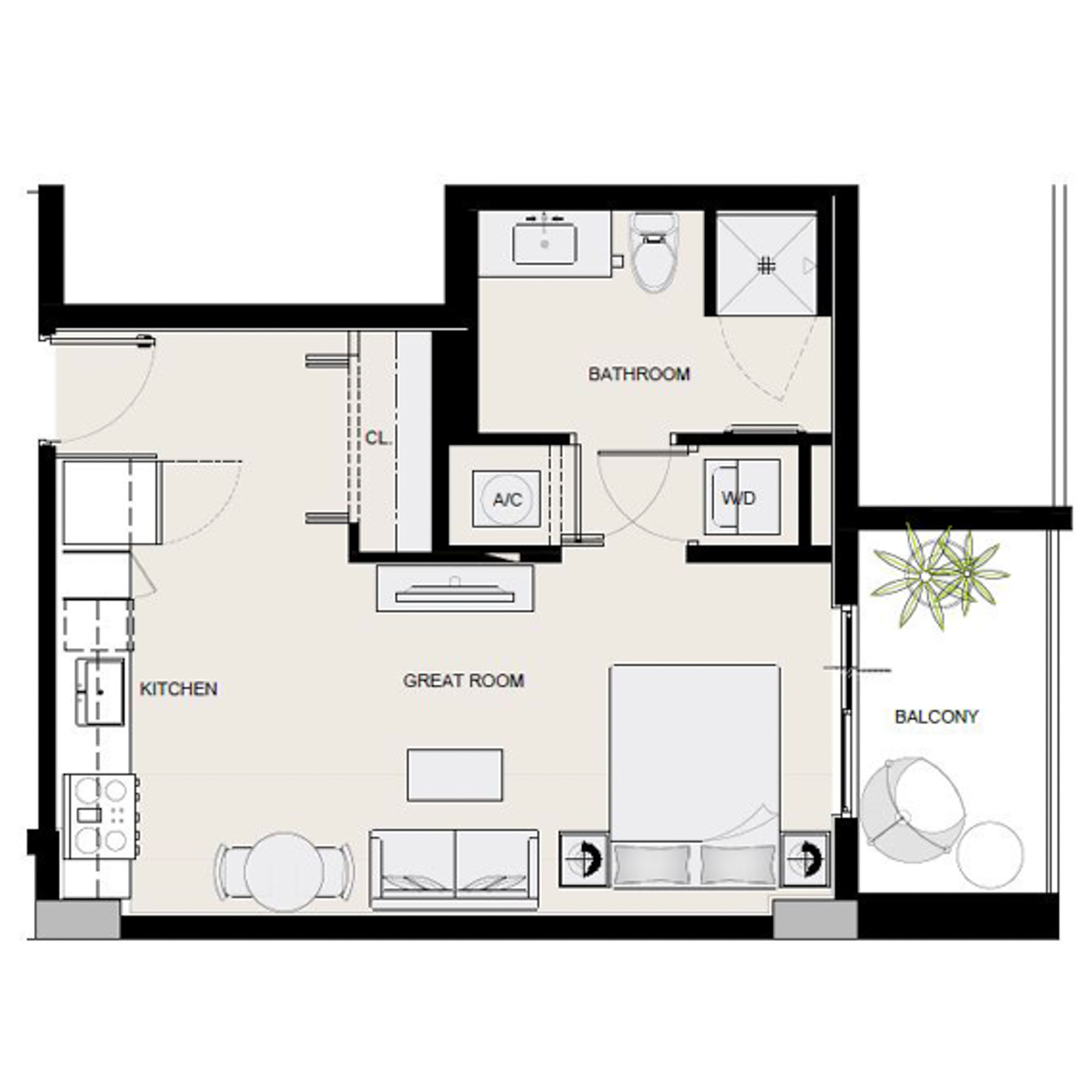 Rendering of the S11 floor plan with a Studio bedroom and 1 bathroom[s] at Arte Grand Central