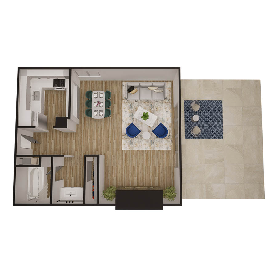 Rendering of the The Mission floor plan with a Studio bedroom and 1 bathroom[s] at Kenilworth