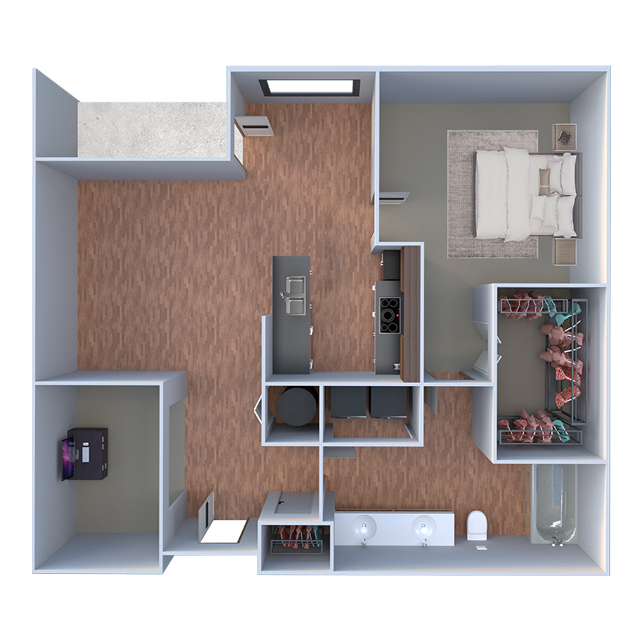 Rendering of the A Sette floor plan with 1 bedroom[s] and 1 bathroom[s] at Forum Fitzsimons