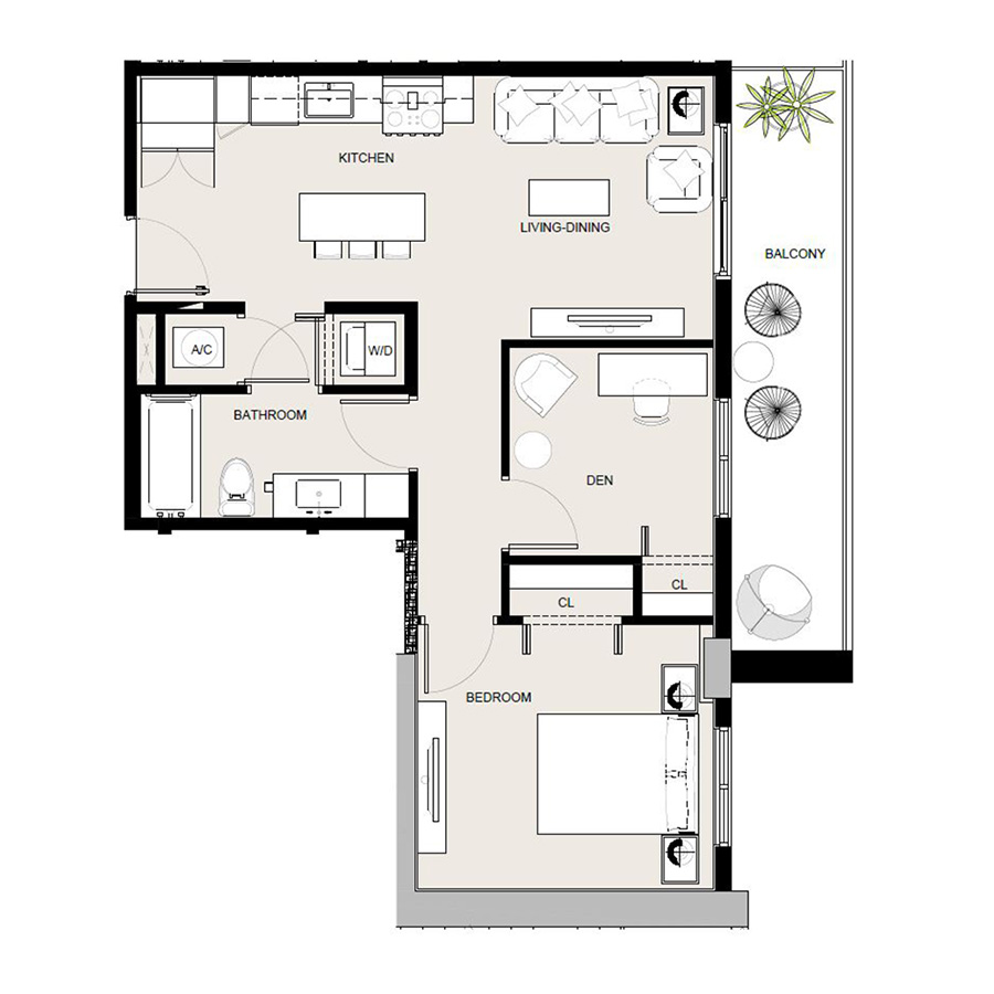Rendering of the BA1 floor plan with 2 bedroom[s] and 1 bathroom[s] at Arte Grand Central